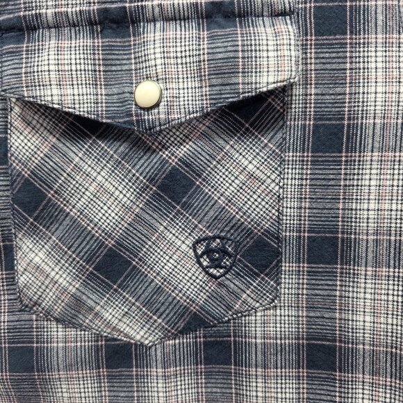 Ariat Shirt Mens Large Blue Gray Plaid Retro Fit Short Sleeve Western Pearl Snap - Picture 2 of 12